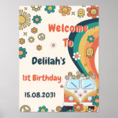 Groovyレトロレインボーバースデーパーティーウェルカムサイン ポスター (正面)