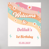 Groovyレトロレインボーバースデーパーティーウェルカムサイン ポスター (正面)