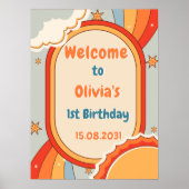 Groovyレトロレインボーバースデーパーティーウェルカムサイン ポスター (正面)