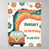 Groovyレトロレインボーバースデーパーティーウェルカムサイン ポスター (正面)