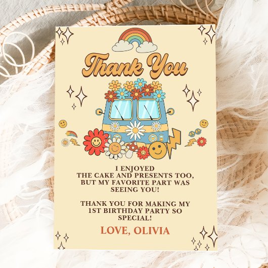 Groovyレトロレインボー1stバースデーパーティー サンキューカード