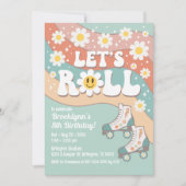 Groovyレトロローラスケートで滑る誕生日パーティー 招待状 (正面)