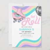 Groovyレトロローラスケートで滑る誕生日パーティー 招待状 (正面)