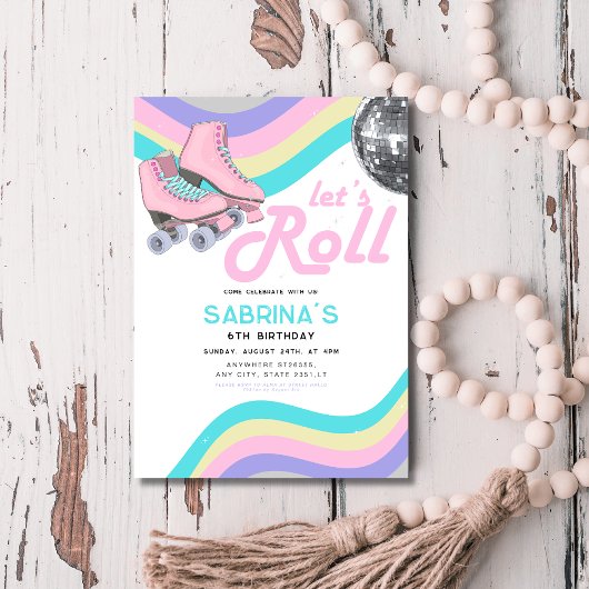 Groovyレトロローラスケートで滑る誕生日パーティー 招待状
