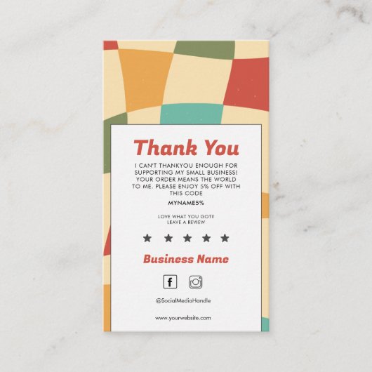 Groovyレトロ数々の色あり市松模様にがとう 名刺 (正面)