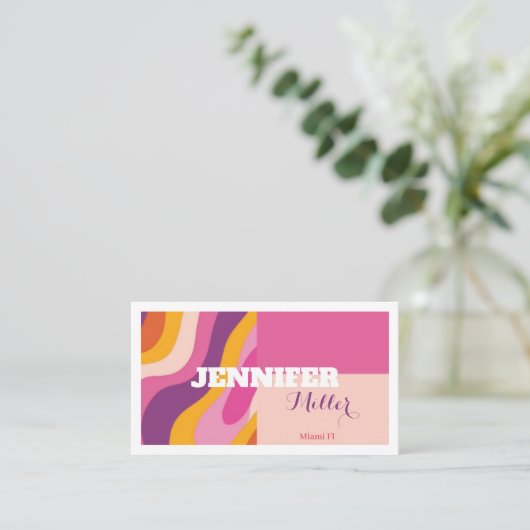 Groovyレトロ波線ソーシャルメディアQRコード 名刺 (スタンド正面)