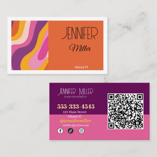 Groovyレトロ波線ソーシャルメディアQRコード 名刺 (正面/裏面)