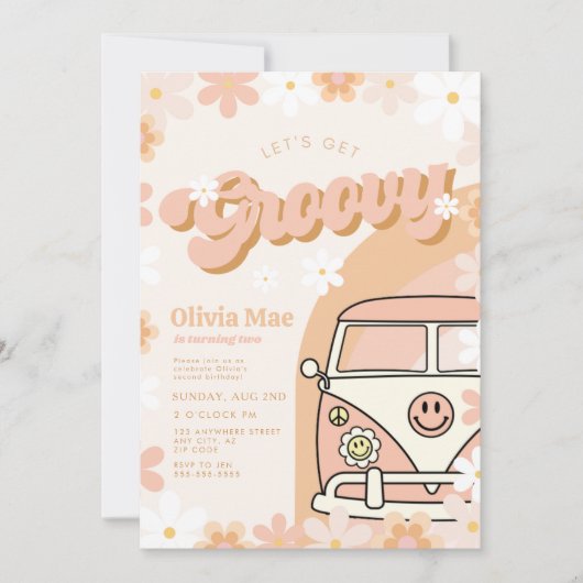 Groovyレトロ誕生日パーティーの招待 招待状 (正面)