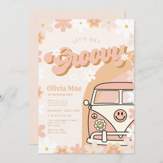 Groovyレトロ誕生日パーティーの招待 招待状 (正面/裏面)