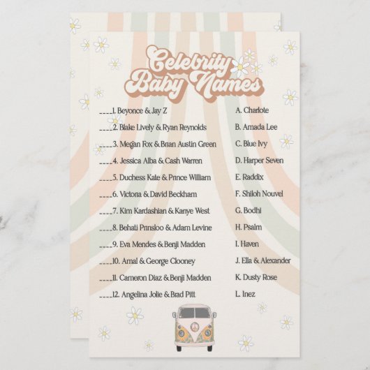 groovyレトロ赤ちゃんシャワーゲーム有名人の赤ちゃん名 (正面/裏面)