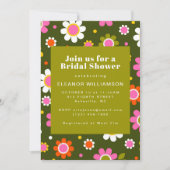 Groovyレトロ60s花オリーブグリーンブライダルシャワー 招待状 (正面)