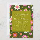 Groovyレトロ60s花オリーブ緑ベビーシャワー 招待状 (正面)