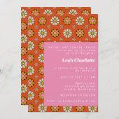 Groovyレトロ60s花オレンジピンクバルミツワー 招待状 (正面/裏面)