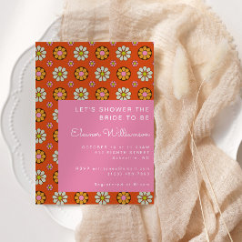 Groovyレトロ60s花オレンジピンクブライダルシャワー 招待状