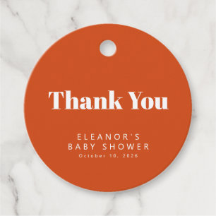 Groovyレトロ60s花オレンジ色の赤ちゃんシャワーカスタム フェイバータグ