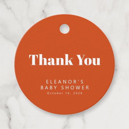 Groovyレトロ60s花オレンジ色の赤ちゃんシャワーカスタム フェイバータグ (正面)