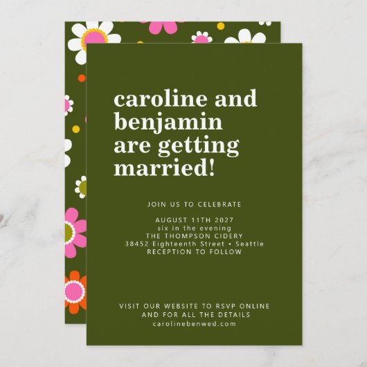 Groovyレトロ60s花ダークグリーンはっきりした結婚ズ 招待状 (正面/裏面)