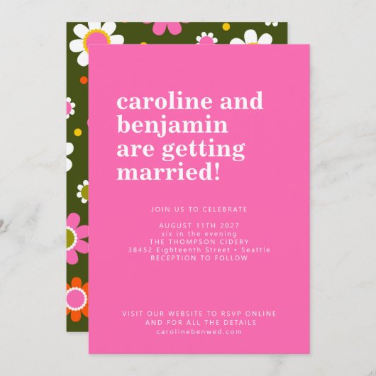Groovyレトロ60s花鮮やかなピンクはっきりした結婚ズ 招待状 (正面/裏面)