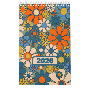 Groovyレトロ60s 70sフローラルパターン2025 カレンダー