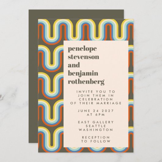 Groovyレトロ60s 70sラインアートオリーブグリーン結婚ズ 招待状 (正面/裏面)