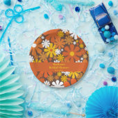 Groovyレトロ60s 70s花柄ブラウンオレンジ ペーパープレート (パーティー)