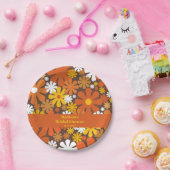 Groovyレトロ60s 70s花柄ブラウンオレンジ ペーパープレート (パーティー)