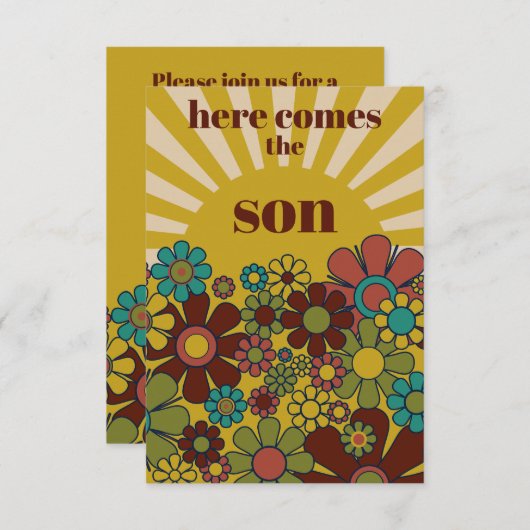 Groovyレトロ70sここ来の息子の赤ちゃんシャワー 招待状 (正面/裏面)