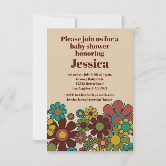 Groovyレトロ70sここ来の息子の赤ちゃんシャワー 招待状 (裏面)
