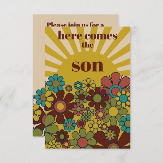 Groovyレトロ70sここ来の息子の赤ちゃんシャワー 招待状 (正面/裏面)