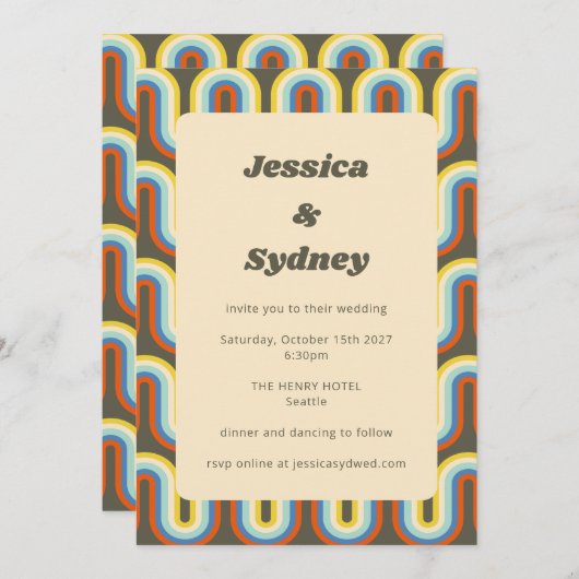 Groovyレトロ70sオリーブグリーンユニーク結婚ズ 招待状 (正面/裏面)