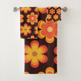 Groovyレトロ70sオレンジと黄色の花 バスタオルセット