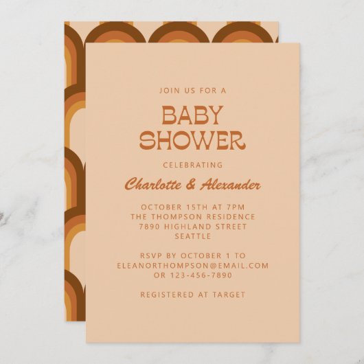 Groovyレトロ70sテラコッタカップル赤ちゃんシャワー 招待状 (正面/裏面)