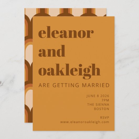 Groovyレトロ70sデザインはっきりしたブラウン結婚イエロー 招待状 (正面/裏面)