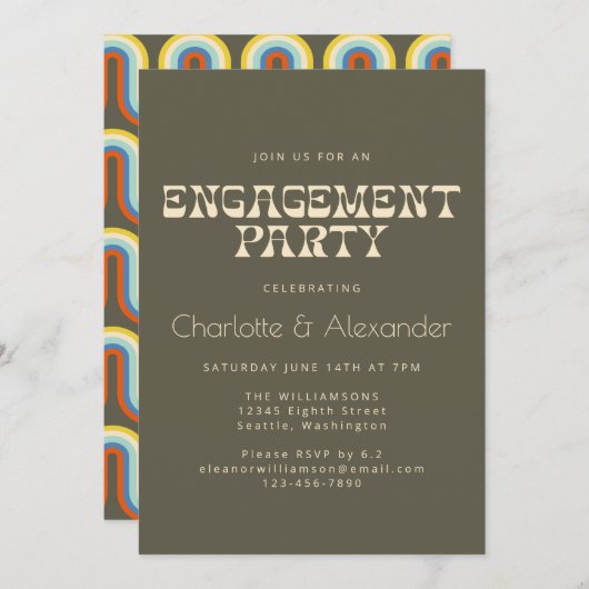 Groovyレトロ70sデザインインオリーブ婚約パーティ 招待状 (正面/裏面)