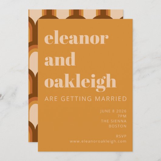 Groovyレトロ70sデザインオはっきりしたクレイエロ結婚ーズ 招待状 (正面/裏面)