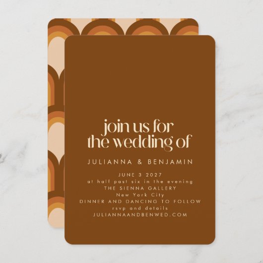 Groovyレトロ70sデザインブラウン結婚おもしろい 招待状 (正面/裏面)