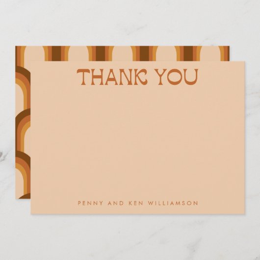 Groovyレトロ70sデザイン(Brown 結婚's Names) サンキューカード (正面/裏面)