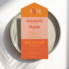 Groovyレトロ70sピーチオレンジはっきりした結婚ズ オールインワン招待状