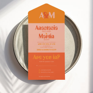 Groovyレトロ70sピーチオレンジはっきりした結婚ズ オールインワン招待状