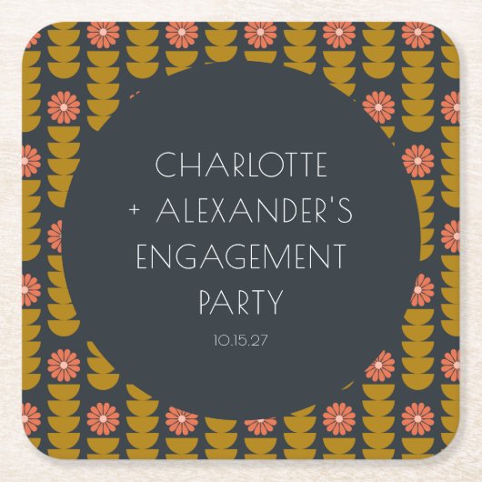 Groovyレトロ70sフローラカスタム婚約パーティ スクエアペーパーコースター (正面)