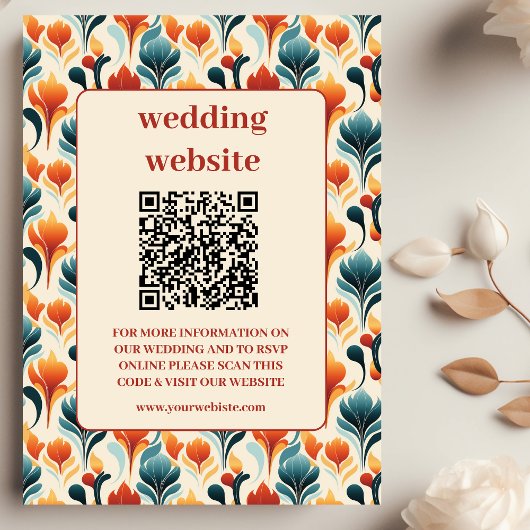 Groovyレトロ70sフローラ結婚のQrコードエンクロージャ エンクロージャーカード