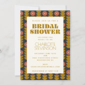 Groovyレトロ70sフローラ金ゴールドブライダルシャワー 招待状 (正面)