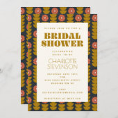 Groovyレトロ70sフローラ金ゴールドブライダルシャワー 招待状 (正面/裏面)