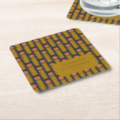 Groovyレトロ70sフローラ金ゴールドブルーカスタムウェディング スクエアペーパーコースター (アングル)