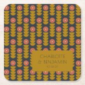 Groovyレトロ70sフローラ金ゴールドブルーカスタムウェディング スクエアペーパーコースター (正面)