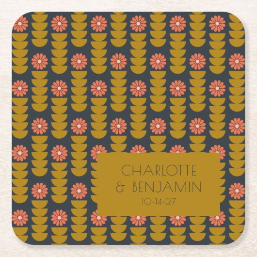 Groovyレトロ70sフローラ金ゴールドブルーカスタムウェディング スクエアペーパーコースター (正面)
