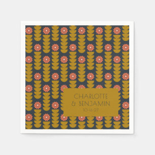 Groovyレトロ70sフローラ金ゴールドブルーカスタムウェディング スタンダードカクテルナプキン