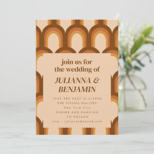 Groovyレトロ70sブラウンウェディングユニークRSVPウェブサイト 招待状