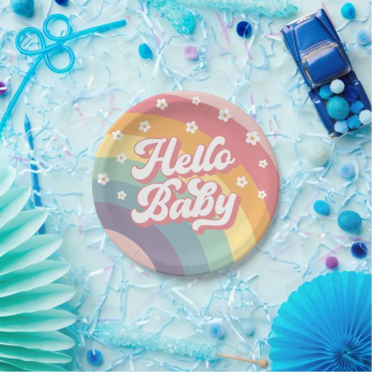 Groovyレトロ70sレインボーデイジーベビーシャワー ペーパープレート (パーティー)