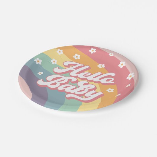 Groovyレトロ70sレインボーデイジーベビーシャワー ペーパープレート (アングル)